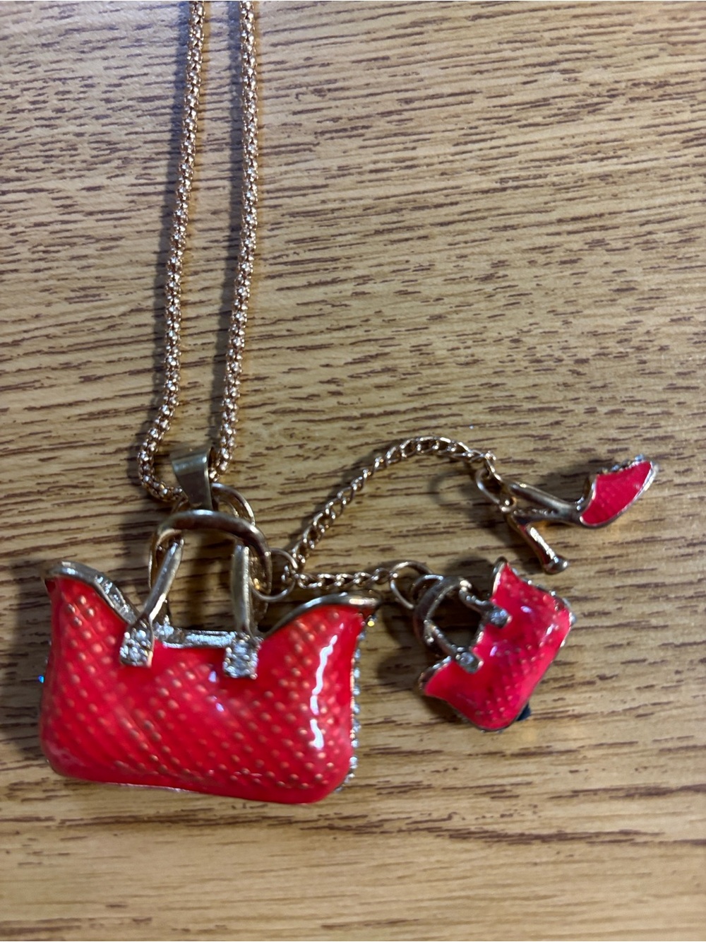 Betsey Johnson Gold-Tone Necklace with Bright Pink Bag Charms - Picture 4 of 6